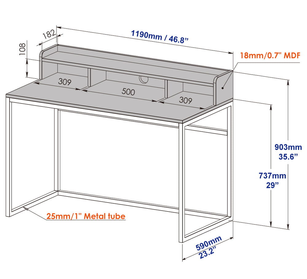 English Elm 47" French Oak Writing Desk with Hutch Matte Steel Frame Modern Home Office Storage W3151P352767