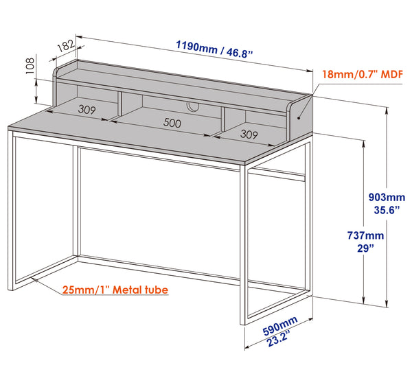 English Elm 47" French Oak Writing Desk with Hutch Matte Steel Frame Modern Home Office Storage W3151P352767
