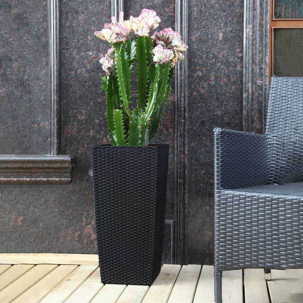 English Elm Pack of 2 Tall Square Faux Rattan Outdoor Planters with Auto Watering Patio Porch Set Black W3213P311468