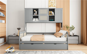 English Elm Full Size Wooden Daybed With Twin Trundle, Storage Cabinet & Shelves For Space-Saving Comfort N820S00049E
