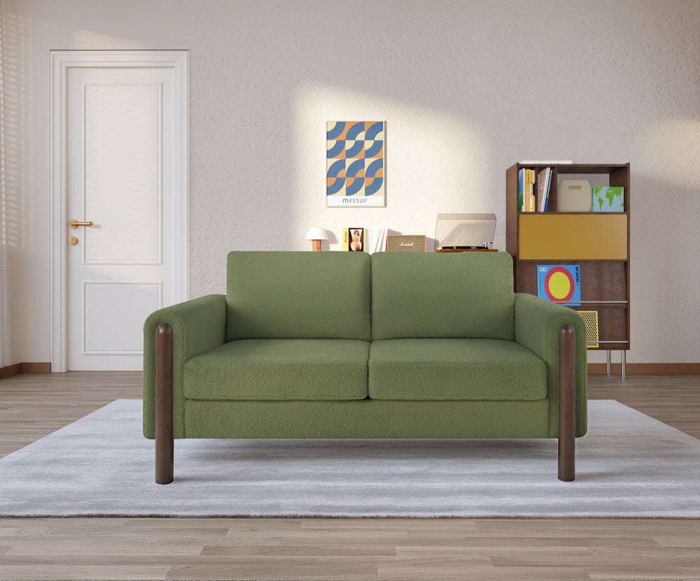 English Elm Comfy Mid-century Modern Loveseat with Walnut Legs Teddy Fabric 2-seat Small Space Sofa Green W2308P463602