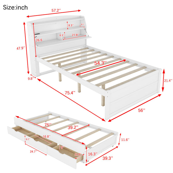 English Elm Full Size Wooden Led Platform Bed With Trundle, Storage Headboard & Drawers - Stylish White Design N820S00009K