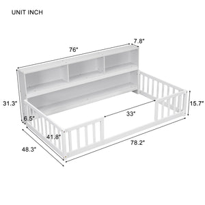 English Elm Twin Floor Bed with Built-In Bedside Bookcase and Shelves, Space-Saving Design with Guardrails White W504142771