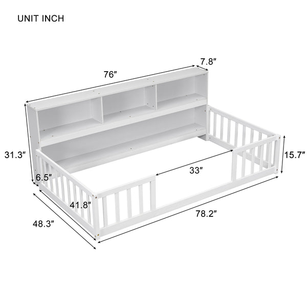 English Elm Twin Floor Bed with Built-In Bedside Bookcase and Shelves, Space-Saving Design with Guardrails White W504142771