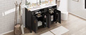 English Elm Modern 48 Inch Freestanding Bathroom Vanity Dual Ceramic Sinks Soft Close Gold Handles Black N729P000008B