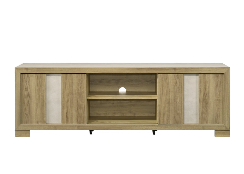 English Elm 1pc Modern Entertainment Console with Industrial Edge, Grey Wood Finish, Open Shelf & Two Drawers Driftwood 19.69 L x 75 W x 26.38 H B2741P295466