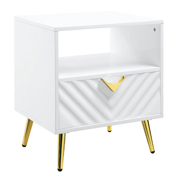 English Elm White High Gloss Modern End Table with Drawer & Open Shelf, Metal Legs, Smooth 2/3 Extension Glide (White) B062P189207