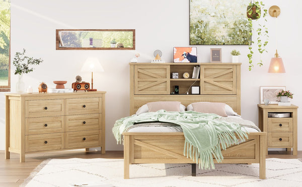 English Elm 3-Pieces Bedroom Set Full Size Farmhouse Platform Bed with Storage Headboard, Nightstand & Dresser Natural 59.25 L x 18.31 W x 8.27 H N733S369048M