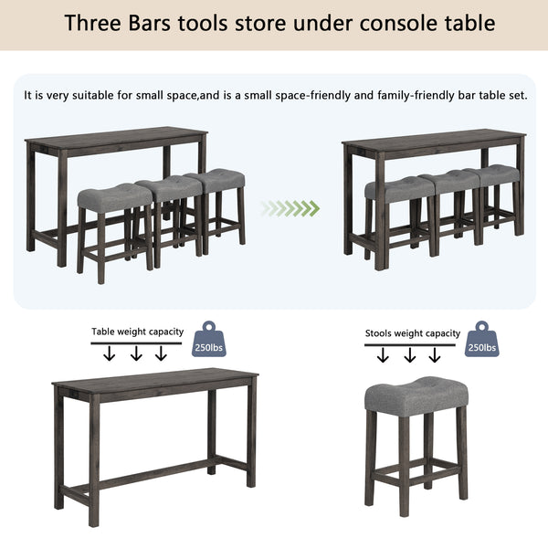 English Elm 4 Piece Bar Table Set with Power USB Type-C Outlet, Dark Gray Rustic Wood Grain Top, 3 Padded Stools for Living Room Dining Comfortable Seating and Durable Rubberwood Legs W1998P193827