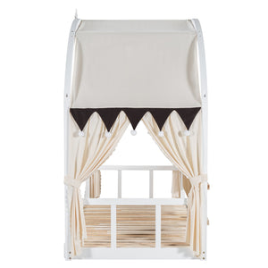 English Elm Twin Pinewood Ground-Level Canopy Bed with Arched Roof and Trundle for Kids—Whimsical, Sturdy Design White N820P181648K