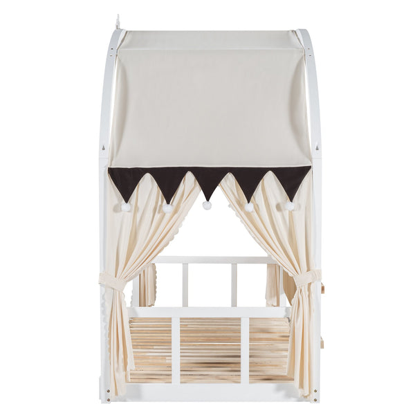 English Elm Twin Pinewood Ground-Level Canopy Bed with Arched Roof and Trundle for Kids—Whimsical, Sturdy Design White N820P181648K