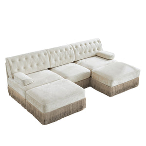 English Elm U Shaped Modular Sectional Sofa Chesterfield Tufted Velvet with Tassel Fringe Skirt Beige W714S01687