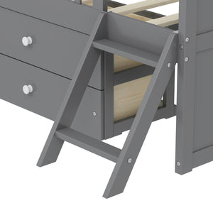 English Elm Twin Bed Frame with Storage Drawers and House Headboard, Kids Platform Bed with Guardrail Ladder and Shelf Gray 49.3 L x 16.25 W x 7.75 H N733S278032E
