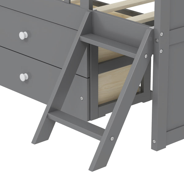 English Elm Twin Bed Frame with Storage Drawers and House Headboard, Kids Platform Bed with Guardrail Ladder and Shelf Gray 49.3 L x 16.25 W x 7.75 H N733S278032E