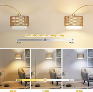 English Elm Arc Rattan Arc Floor Lamp with Remote & Dimmable LED, Height Adjustable, Boho Farmhouse Glow Brown+Gold W2738P227439
