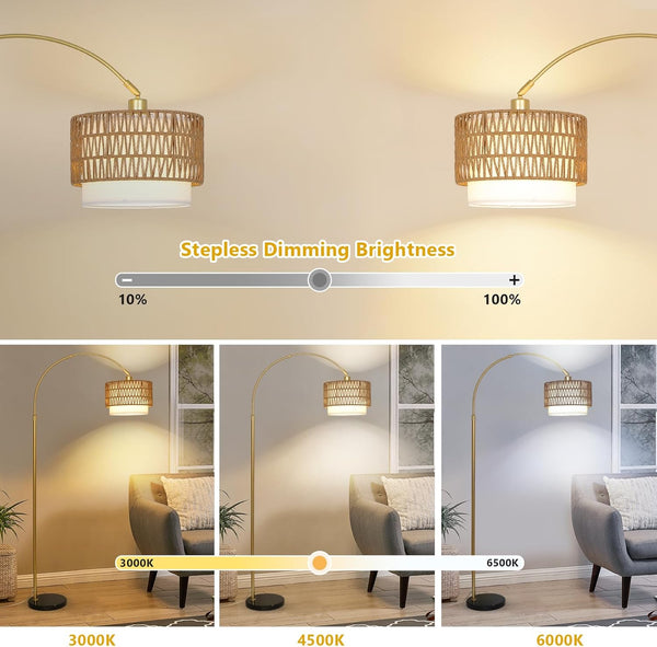 English Elm Arc Rattan Arc Floor Lamp with Remote & Dimmable LED, Height Adjustable, Boho Farmhouse Glow Brown+Gold W2738P227439