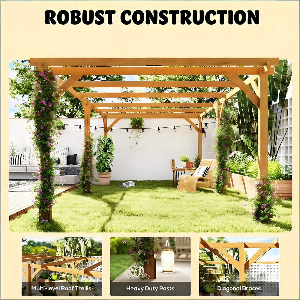 English Elm Stable Fir Wood Outdoor Pergola with Open Beam Roof for Vines Patios and Garden Spaces T3971S00171