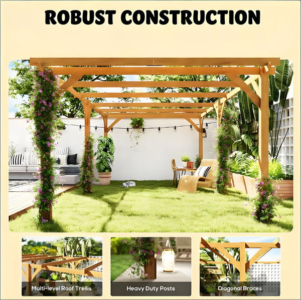 English Elm Stable Fir Wood Outdoor Pergola with Open Beam Roof for Vines Patios and Garden Spaces T3971S00171