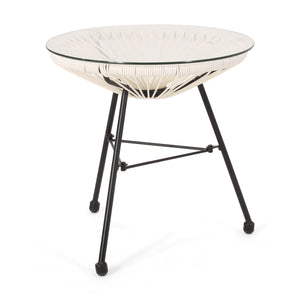 English Elm Christopher Knight Home® - NUSA Side Table with Tempered Glass Top and Handcrafted Rattan Base — Modern Outdoor Accent Table White 66627.00WHI
