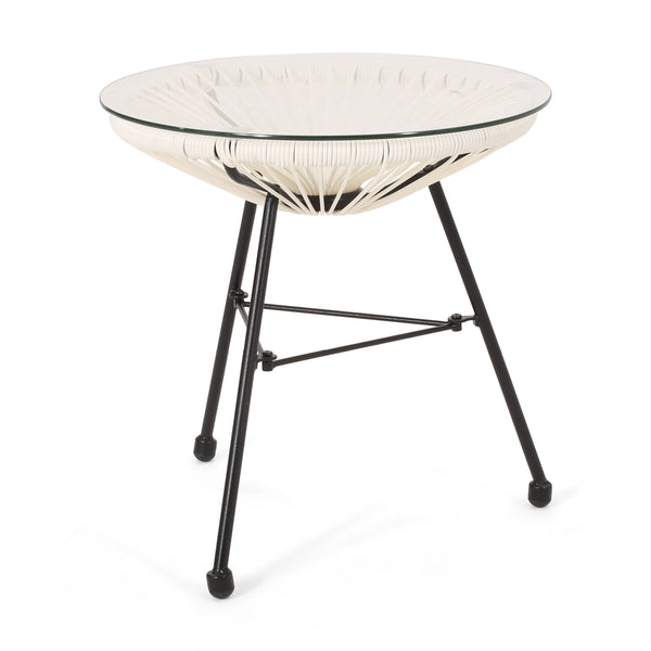 English Elm Christopher Knight Home® - NUSA Side Table with Tempered Glass Top and Handcrafted Rattan Base — Modern Outdoor Accent Table White 66627.00WHI