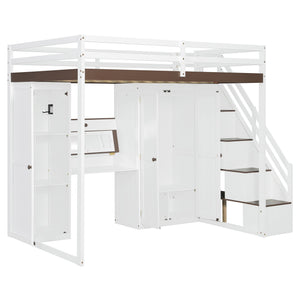 English Elm Full Size Teen Loft Bed with Wardrobe Staircase Storage Dressing Table and Led Lights LT000276AAP