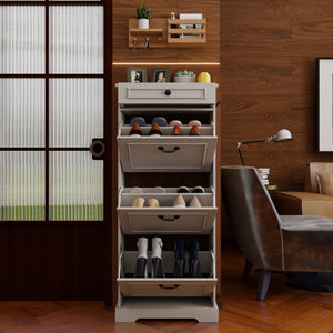 English Elm Shoe Storage Cabinet - Slim Freestanding Organizer With 1 Drawer, 3 Flip Drawers & Adjustable Shelf W1120P290634-GIGA