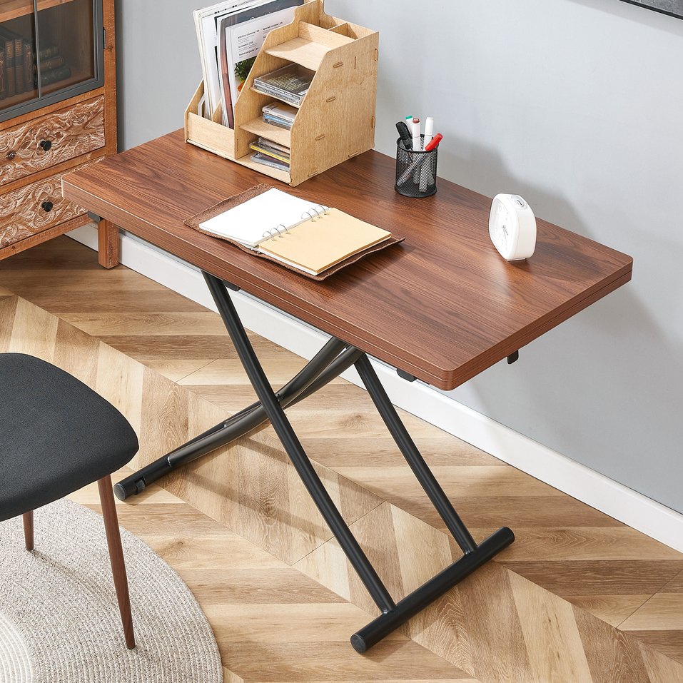 English Elm Modern Adjustable Lift Table Walnut Grain Mdf Top Slim Metal Legs Home Office Use Black + Dark Walnut W1151P303874