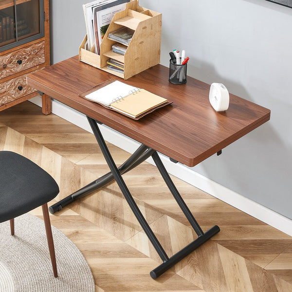 English Elm Modern Adjustable Lift Table Walnut Grain Mdf Top Slim Metal Legs Home Office Use Black + Dark Walnut W1151P303874