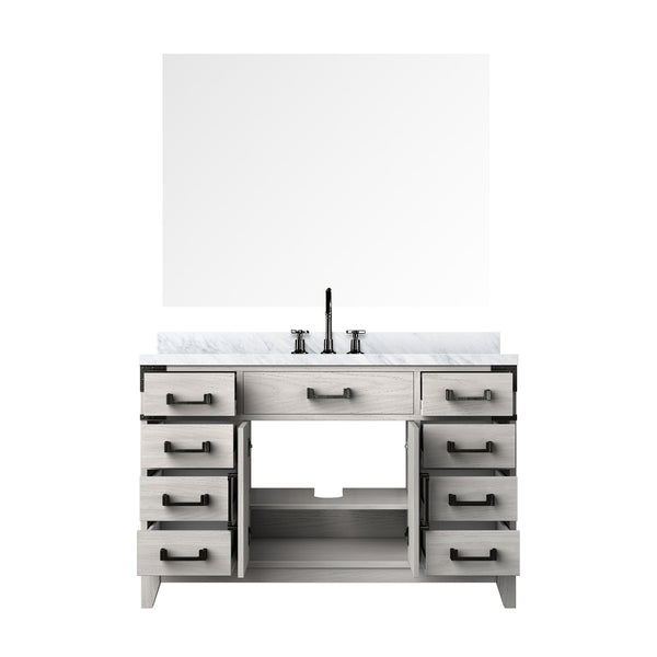 English Elm White Oak Single Bath Vanity 48" W x 22" D with Polished Carrara Marble Top, Chrome Faucet & 46" Mirror B2731S02017