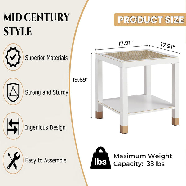 English Elm Glass Two Tier Square Side Table with Gold Mesh Tempered Top and Black Metal Frame White+Gold W3587P456323