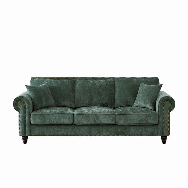 English Elm 86" Modern 3-Seater Sofa with Rolled Arms Chenille Upholstery, Nailhead Trim, Solid Wood Base for Living Room Comfort and Durability Green W3373S00042