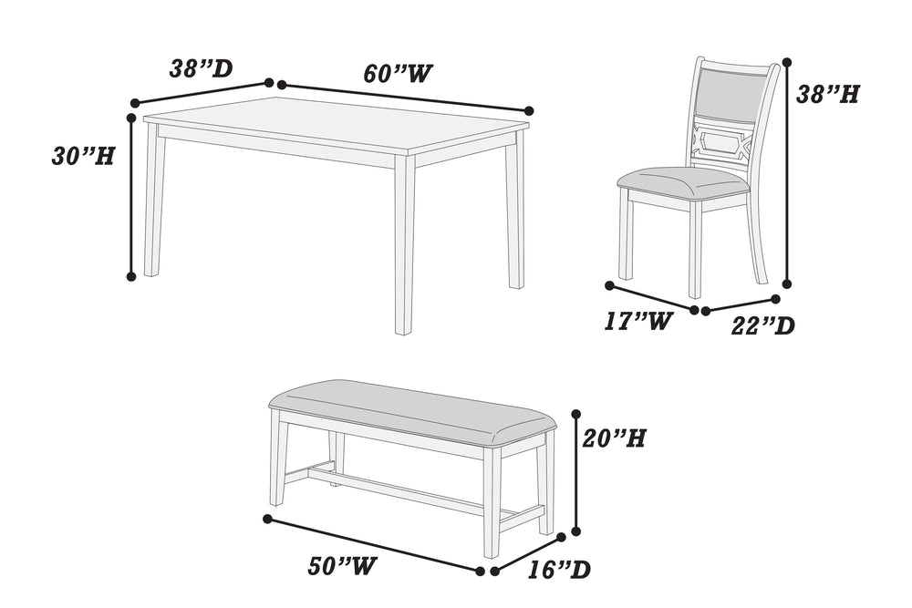 English Elm Dining Room 6-Piece Gray Rubberwood Set with Upholstered Cushioned Seats, Bench & Sturdy Rectangular Table B011S01625