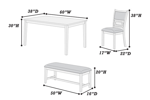 English Elm Dining Room 6-Piece Gray Rubberwood Set with Upholstered Cushioned Seats, Bench & Sturdy Rectangular Table B011S01625