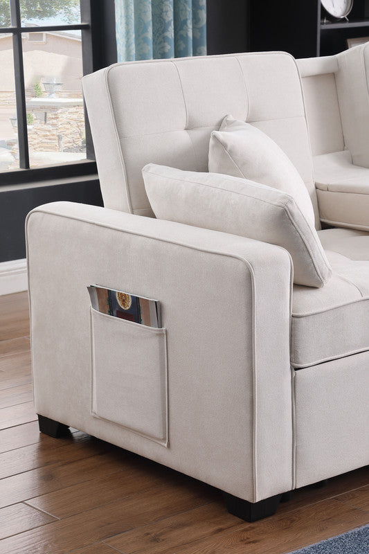 English Elm Corrado Woven Fabric Sleeper Loveseat with Console Cup Holders and Charging Ports Beige B2749S00242