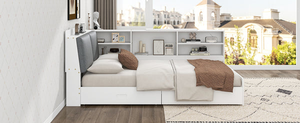 English Elm Wood Full Size platform bed with storage headboard, built-in shelves and drawers, sturdy pine frame, compact solution for small rooms White GX002054AAK