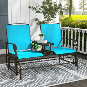 English Elm Outsunny Stylish Two-Person Glider Loveseat With Center Table, Breathable Mesh & Smooth Motion, Blue W2225P200563-GIGA