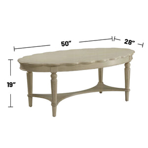 English Elm Oval Noble Scalloped Edge Coffee Table with Turned Tapered Legs and Bottom Shelf, Antique White Finish B016P310529