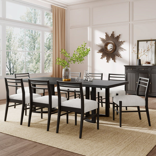 English Elm Christopher Knight Home® - 9PCS Dining Set with Rectangular Table and Ladder Back Chairs, Rubberwood Frame, Upholstered Seats Beige+Black N771P192288B_N771P195513H_9