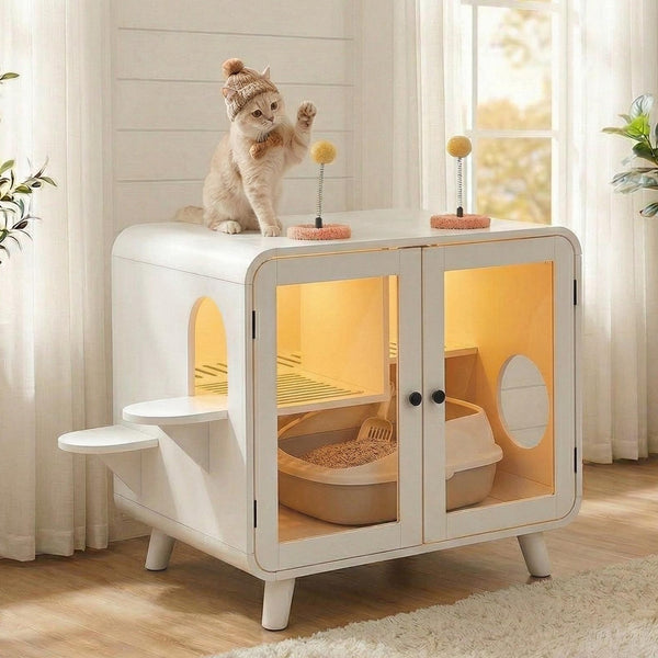 English Elm Cat Litter Box Enclosure Mdf Cabinet with Rgb Lighting Glass Doors and Play Loft White N704P419240K