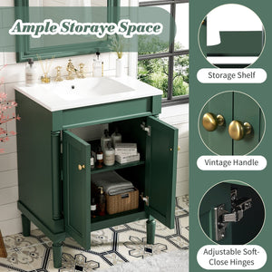 English Elm 24'' Modern Bathroom Vanity with Ceramic Basin, Solid Wood Frame, Soft-Close Doors, Ample Storage Green N710P190503F