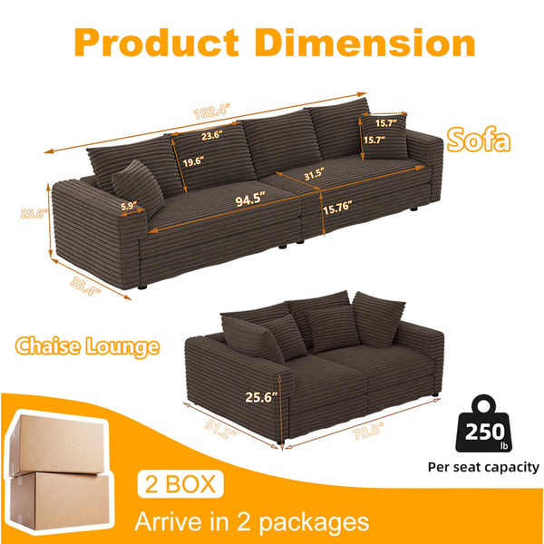 English Elm 102.4 Inch Plush Corduroy Cloud Sofa Deep Seat Four Person Convertible Lounge for Living Room Camel W1885S00270