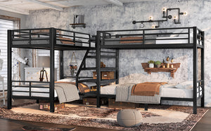 English Elm Twin L-shaped Steel Bunk Bed with Built-in Shelving and Full Guardrails Matte Black W1580S00439