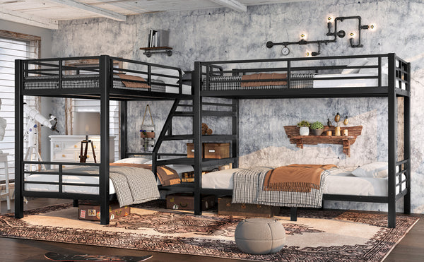 English Elm Twin L-shaped Steel Bunk Bed with Built-in Shelving and Full Guardrails Matte Black W1580S00439