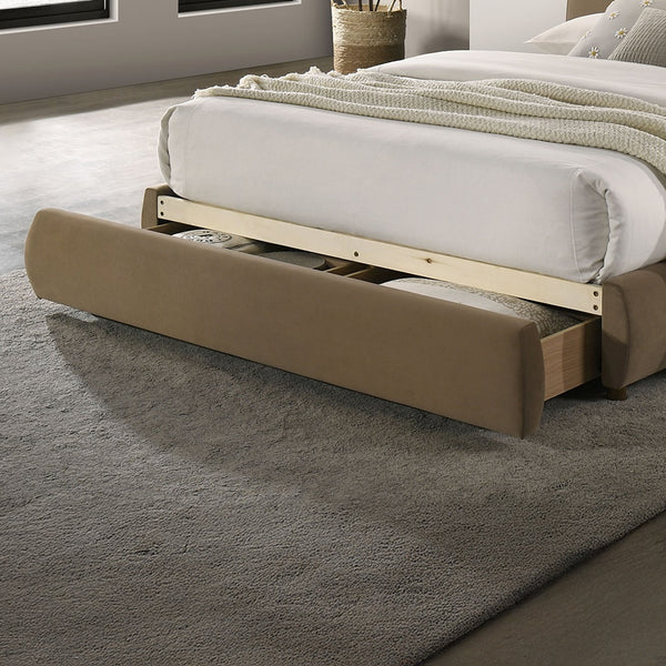 English Elm Beautiful Curved Upholstered Queen Bed with Built-In Footboard Drawer, Solid Wood Frame, Elegant Upholstery Brown 40 L x 21 W x 15 H B2741S00715