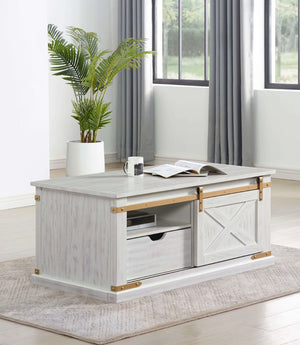 English Elm Rustic Glam Barnwood Coffee Table with Dual-Sided Center Drawer, Open Shelves & Metal Trim Accents Antique White,Gold 51 L x 27 W x 23 H B2741P320884