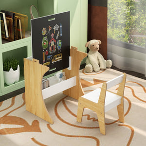 English Elm Kids Multifunctional Table Set with Chair, Convertible MDF Top for Study Drawing Play, White Natural Finish W808P293817
