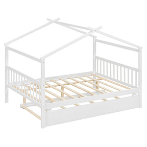 English Elm Full Size House Bed Solid Pinewood Frame with Pull Out Twin Trundle for Kids White LP000305AAK-1