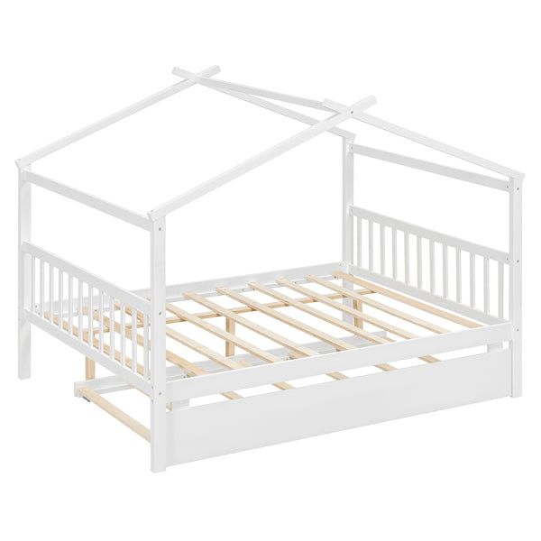 English Elm Full Size House Bed Solid Pinewood Frame with Pull Out Twin Trundle for Kids White LP000305AAK-1