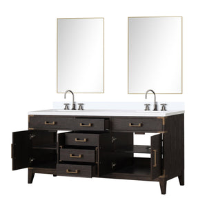 English Elm Brown Oak 72 in Double Bath Vanity with Cultured Marble Top, Chrome Faucet Set & Dual 34" Mirrors B2731S01862