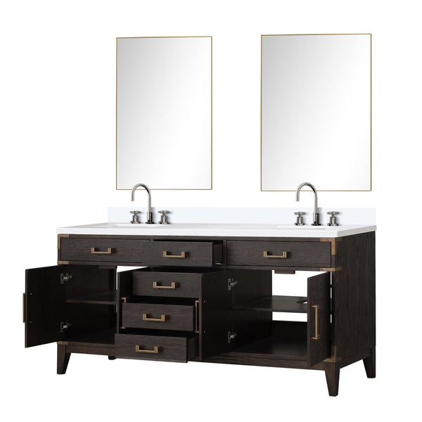 English Elm Brown Oak 72 in Double Bath Vanity with Cultured Marble Top, Chrome Faucet Set & Dual 34" Mirrors B2731S01862